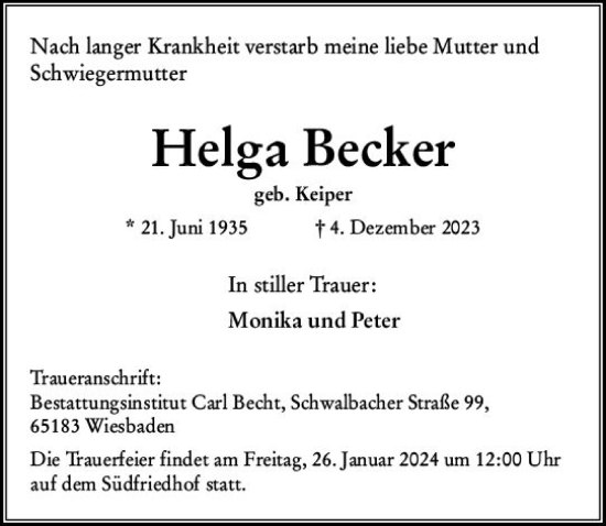 Traueranzeige von Helga Becker von Wiesbadener Kurier