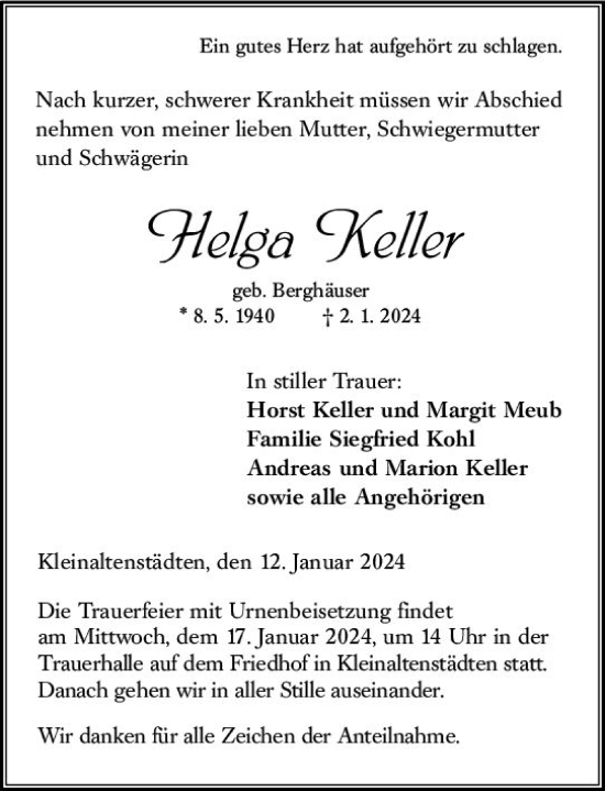 Traueranzeige von Helga Keller von Wetzlarer Neue Zeitung