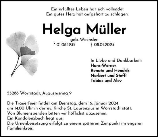 Traueranzeige von Helga Müller von Allgemeine Zeitung Alzey