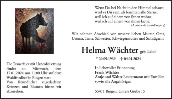 Traueranzeige von Helma Wächter von Binger-/Ingelheimer Wochenblatt