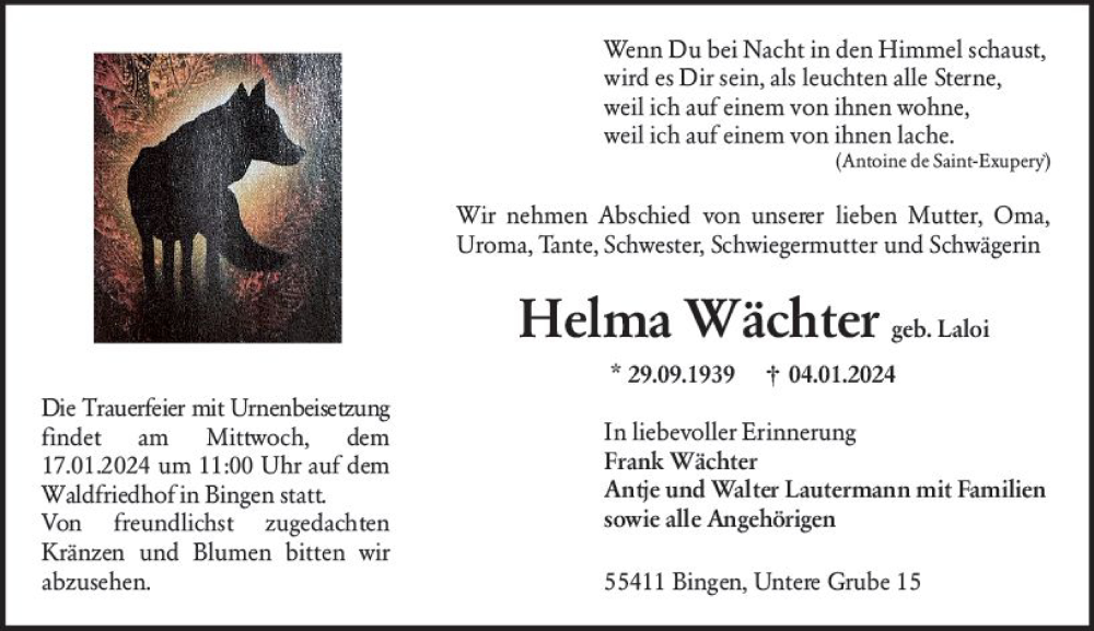  Traueranzeige für Helma Wächter vom 13.01.2024 aus Binger-/Ingelheimer Wochenblatt