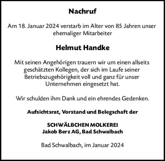 Traueranzeige von Helmut Handke von Idsteiner Land/Untertaunus