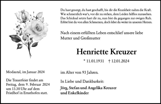 Traueranzeige von Henriette Kreuzer von Darmstädter Echo