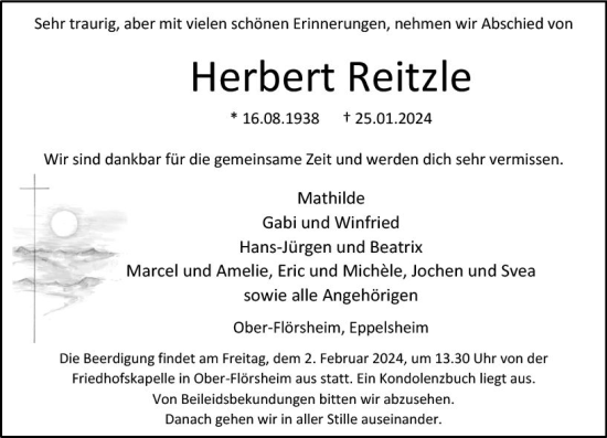 Traueranzeige von Herbert Reitzle von Allgemeine Zeitung Alzey