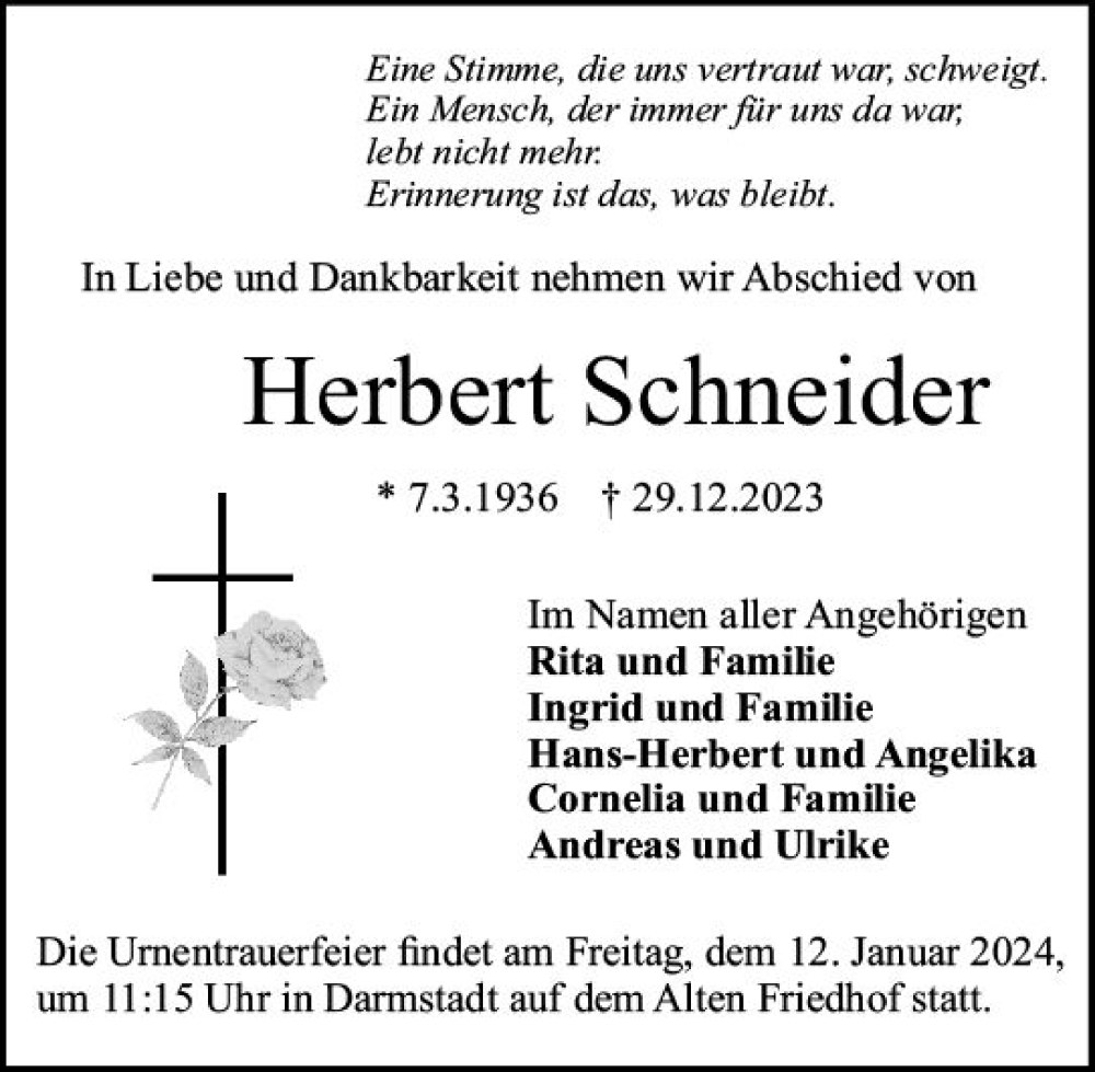  Traueranzeige für Herbert Schneider vom 06.01.2024 aus Darmstädter Echo