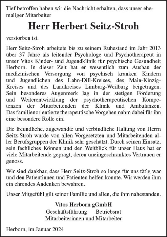 Traueranzeige von Herbert Seitz-Stroh von Dill Block