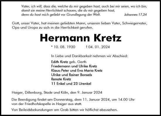 Traueranzeige von Hermann Kretz von Dill Block