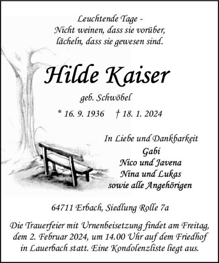  Traueranzeige für Hilde Kaiser vom 27.01.2024 aus Odenwälder Echo