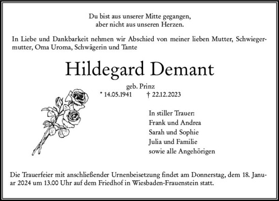 Traueranzeige von Hildegard Demant von Wiesbadener Kurier