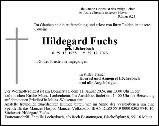 Traueranzeige von Hildegard Fuchs von Allgemeine Zeitung Mainz