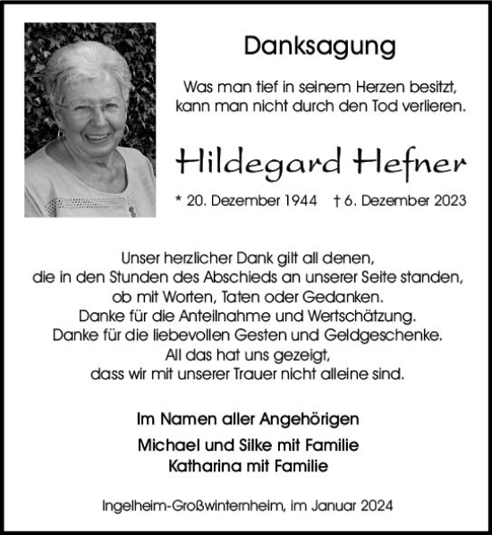 Traueranzeige von Hildegard Hefner von Allgemeine Zeitung Bingen/Ingelheim
