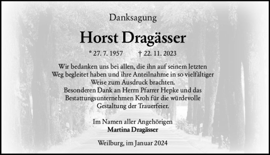 Traueranzeige von Horst Dragässer von Weilburger Tageblatt