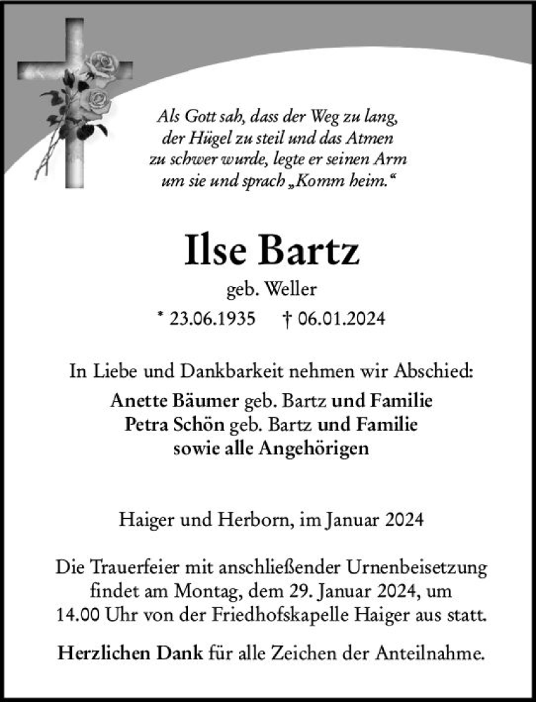  Traueranzeige für Ilse Bartz vom 25.01.2024 aus Dill Block