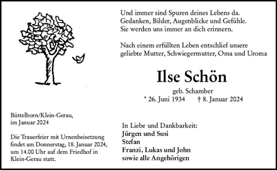 Traueranzeige von Ilse Schön von Groß-Gerauer Echo