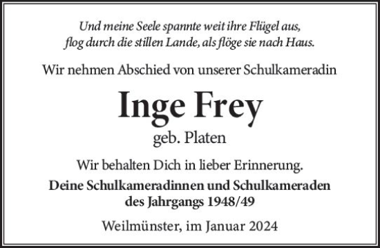Traueranzeige von Inge Frey von Weilburger Tageblatt