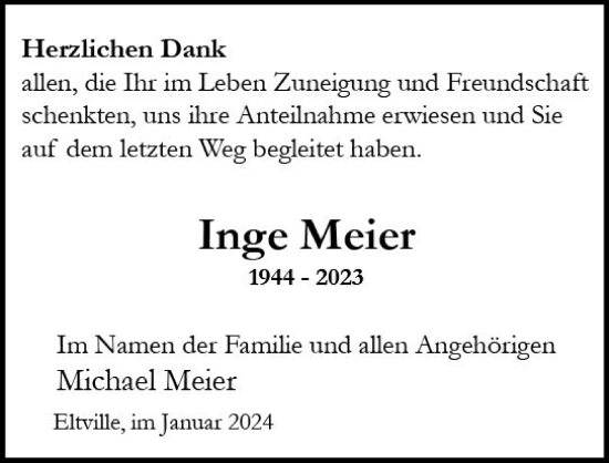 Traueranzeige von Inge Meier von Wiesbadener Kurier