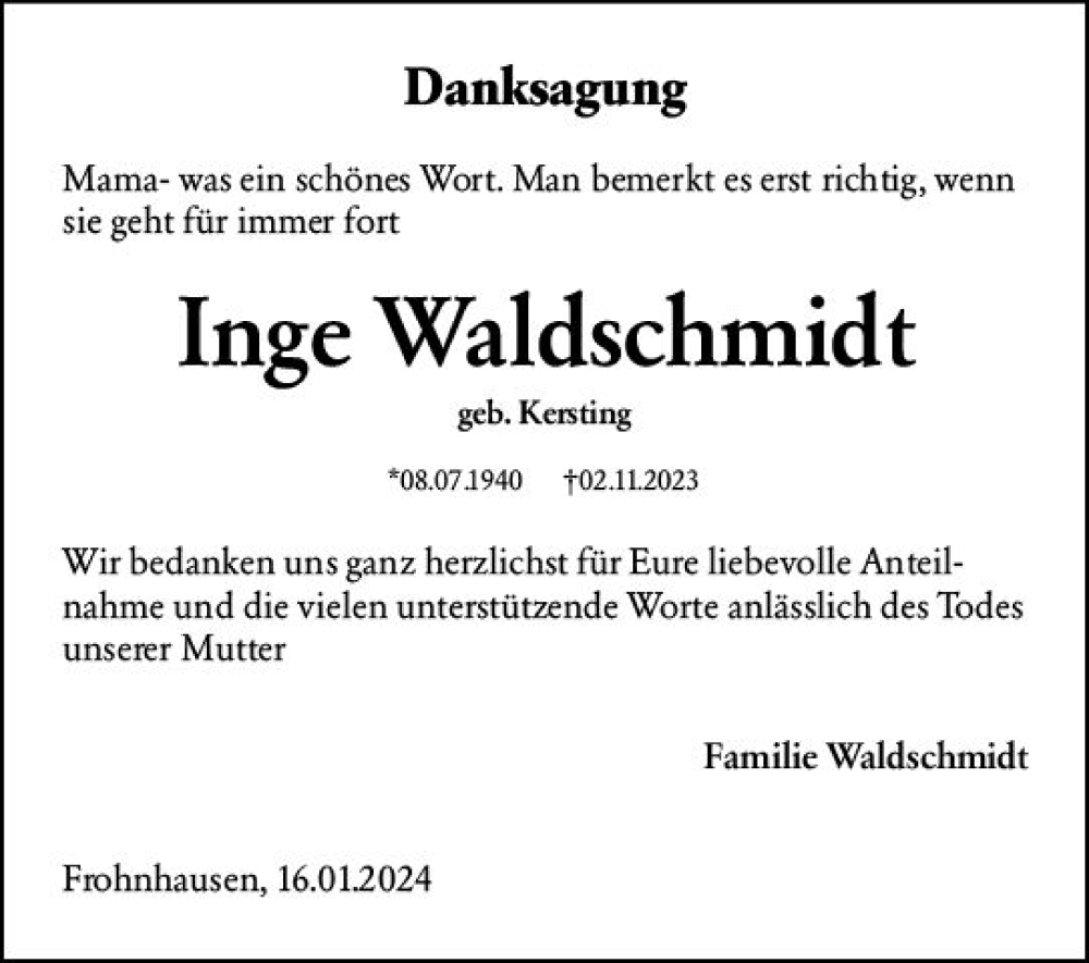  Traueranzeige für Inge Waldschmidt vom 20.01.2024 aus Dill Block