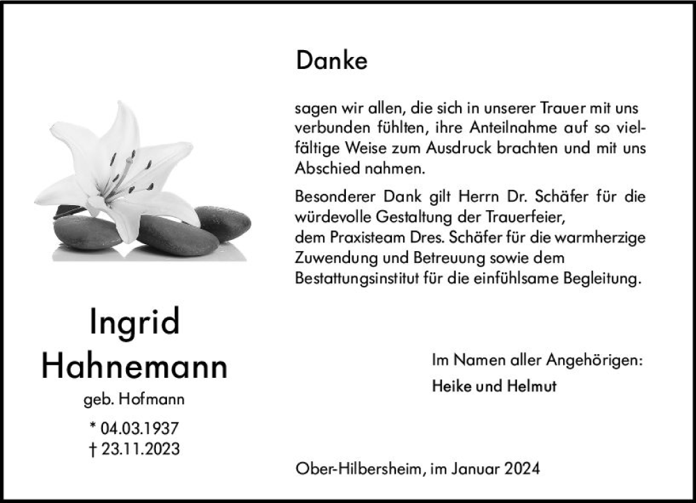  Traueranzeige für Ingrid Hahnemann vom 13.01.2024 aus Allgemeine Zeitung Bingen/Ingelheim