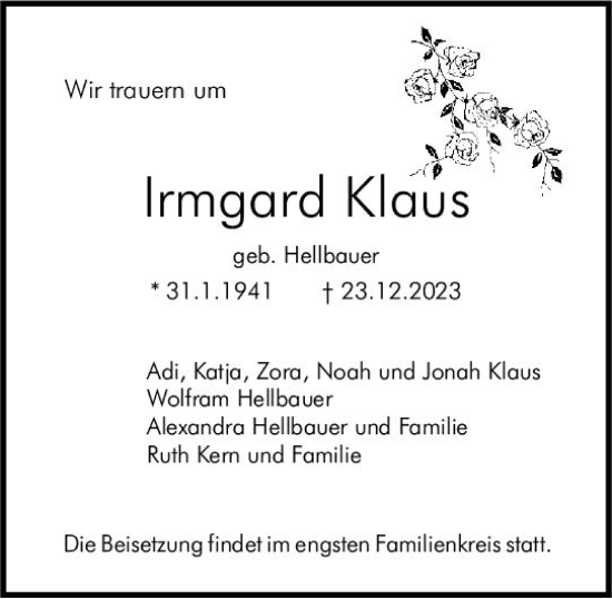 Traueranzeige von Irmgard Klaus von Allgemeine Zeitung Mainz