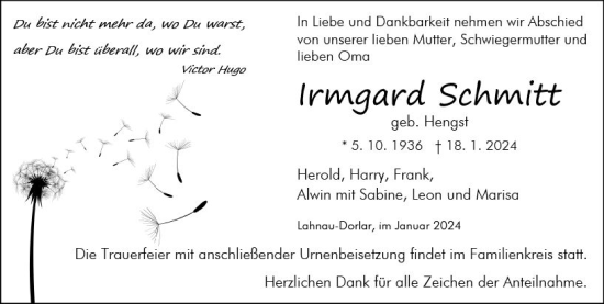 Traueranzeige von Irmgard Schmitt von Wetzlarer Neue Zeitung