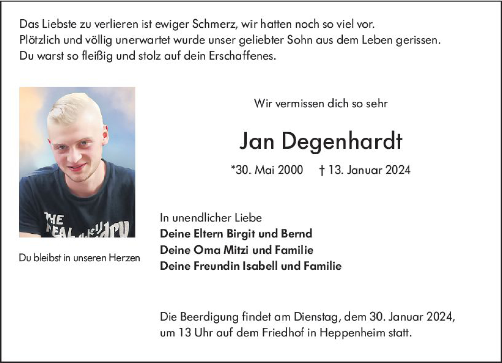  Traueranzeige für Jan Degenhardt vom 27.01.2024 aus Starkenburger Echo