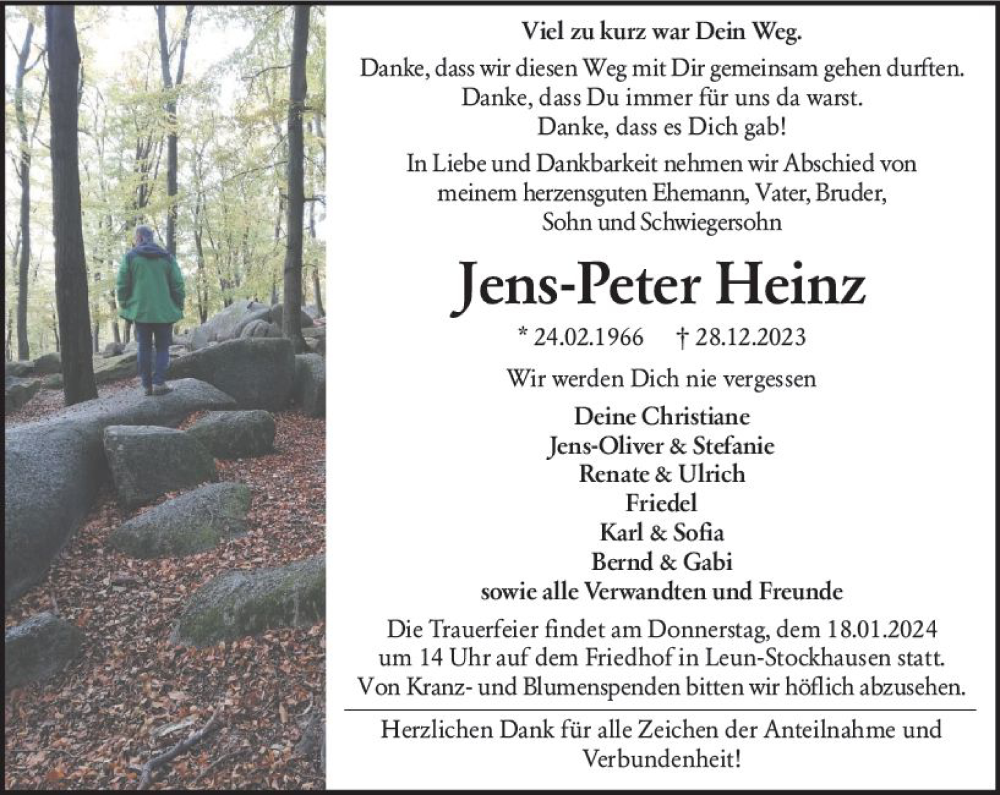  Traueranzeige für Jens-Peter Heinz vom 13.01.2024 aus Wetzlarer Neue Zeitung