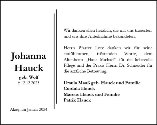 Traueranzeige von Johanna Hauck von Allgemeine Zeitung Alzey