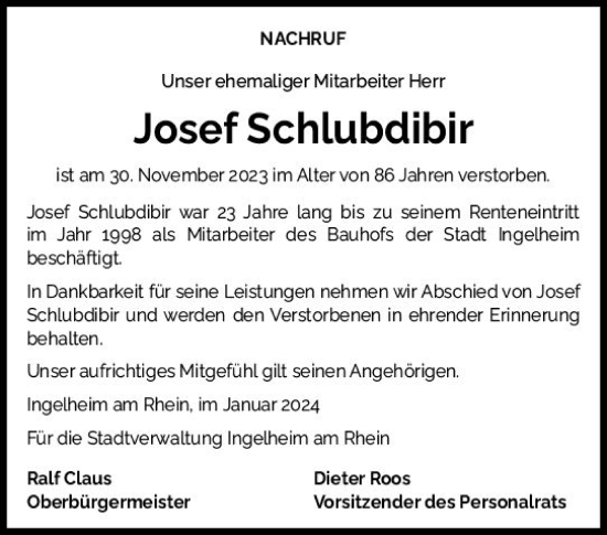 Traueranzeige von Josef Schlubdibir von Allgemeine Zeitung Bingen/Ingelheim