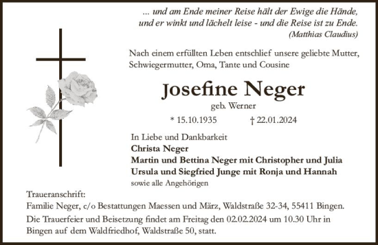 Traueranzeige von Josefine Neger von Allgemeine Zeitung Bingen/Ingelheim