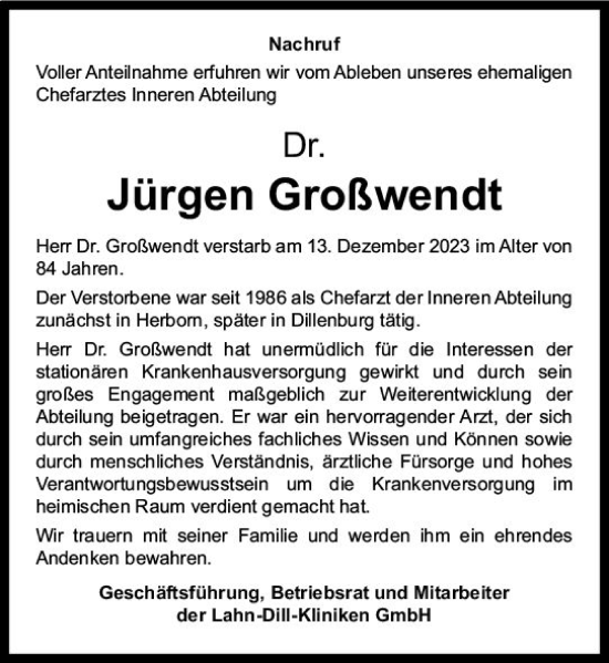 Traueranzeige von Jürgen Großwendt von Dill Block