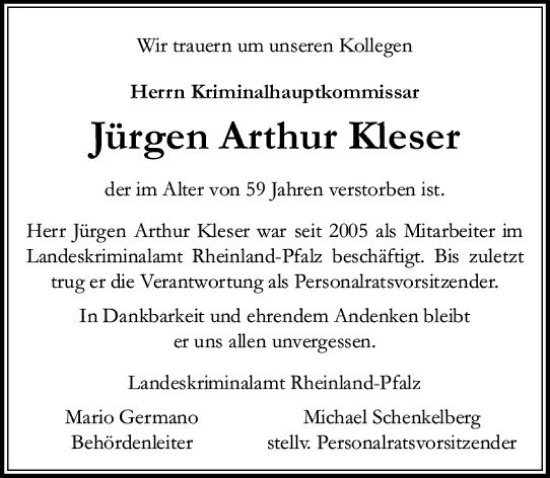 Traueranzeige von Jürgen Arthur Kleser von Allgemeine Zeitung Mainz