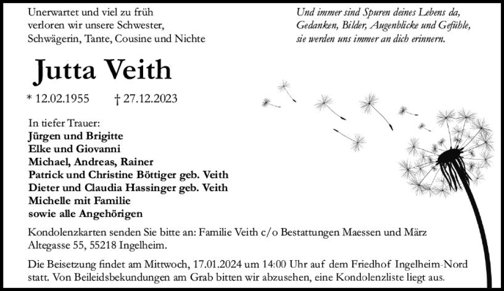  Traueranzeige für Jutta Veith vom 13.01.2024 aus Allgemeine Zeitung Bingen/Ingelheim