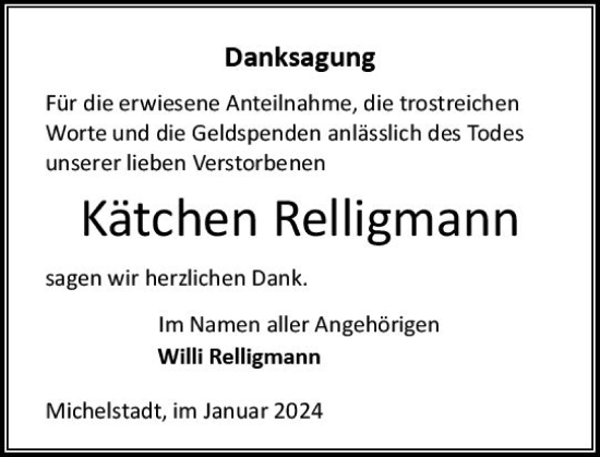 Traueranzeige von Kätchen Relligmann von Odenwälder Echo