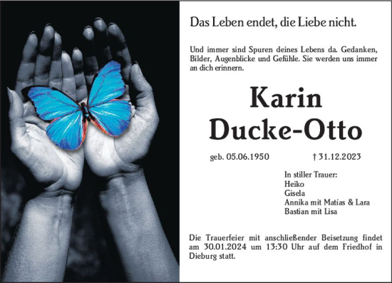 Traueranzeige von Karin Ducke-Otto von Dieburger Anzeiger/Groß-Zimmerner Lokal-Anzeiger