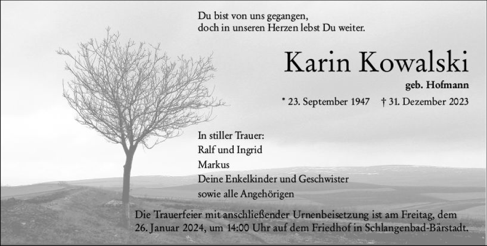 Traueranzeige für Karin Kowalski vom 13.01.2024 aus Wiesbadener Kurier