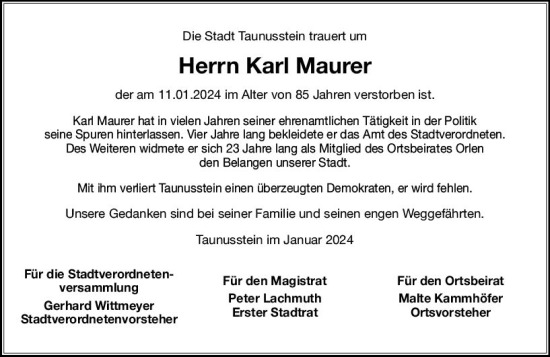 Traueranzeige von Karl Maurer von Idsteiner Land/Untertaunus