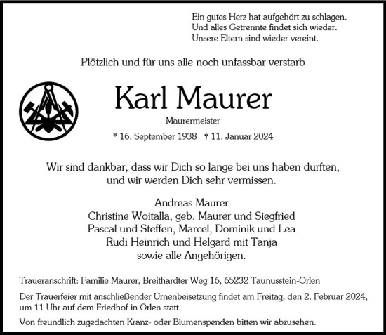 Traueranzeige von Karl Maurer von Wiesbadener Kurier