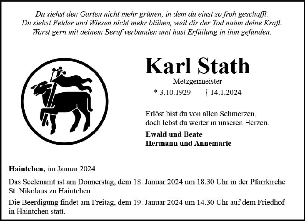  Traueranzeige für Karl Stath vom 18.01.2024 aus Camberger Anzeiger