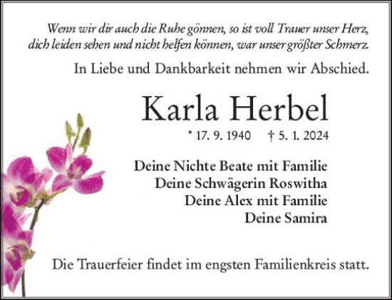 Traueranzeige von Karla Herbel von Wetzlarer Neue Zeitung