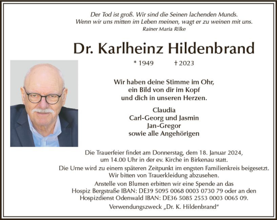 Traueranzeige von Karlheinz Hildenbrand von Starkenburger Echo