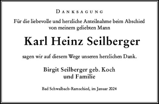 Traueranzeige von Karl Heinz Seilberger von Wiesbadener Kurier