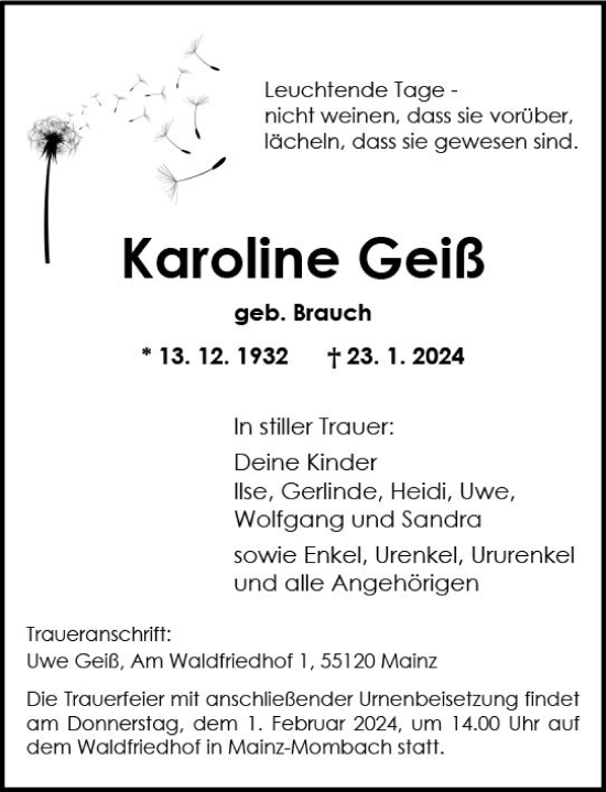 Traueranzeige von Karoline Geiß von Allgemeine Zeitung Mainz