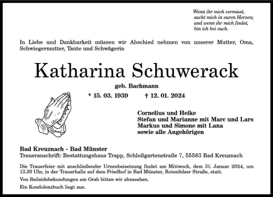 Traueranzeige von Katharina Schuwerack von Allgemeine Zeitung Bad Kreuznach