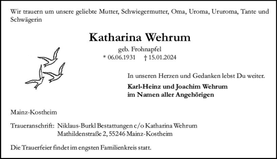 Traueranzeige von Katharina Wehrum von Allgemeine Zeitung Mainz