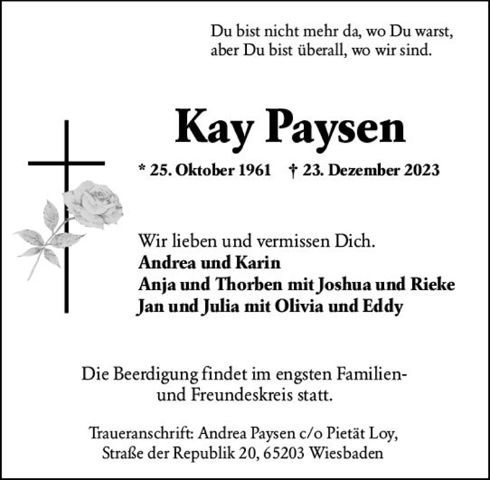  Traueranzeige für Kay Paysen vom 06.01.2024 aus Wiesbadener Kurier