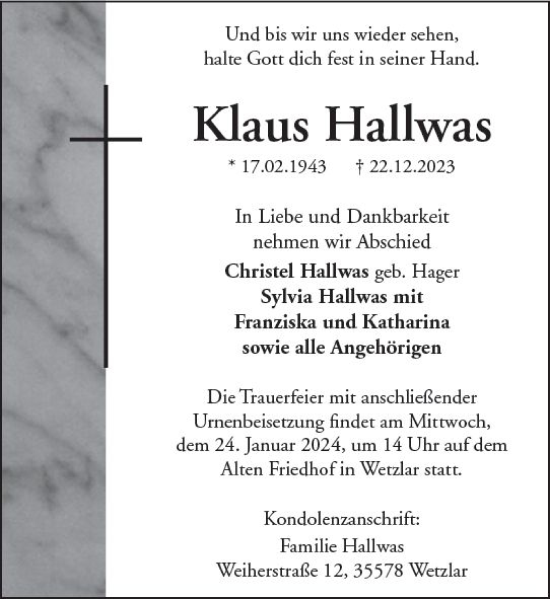 Traueranzeige von Klaus Hallwas von Dill Block