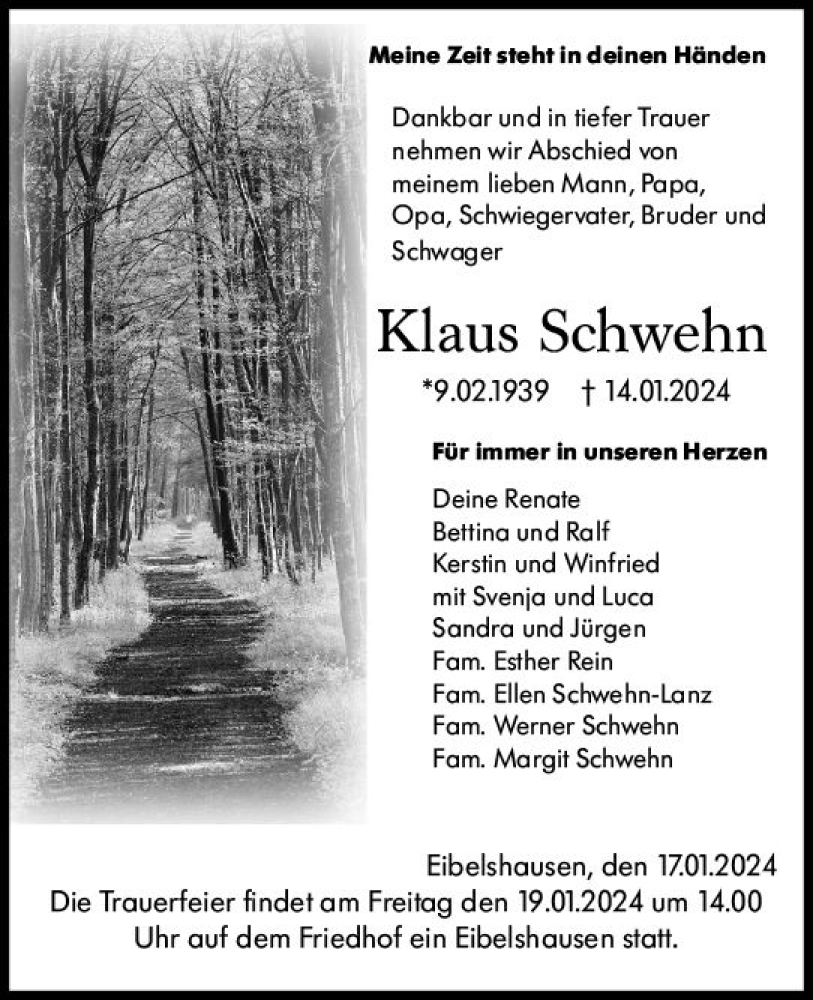 Traueranzeige für Klaus Schwehn vom 17.01.2024 aus Dill Block