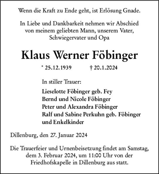 Traueranzeige von Klaus Werner Föbinger von Dill Block
