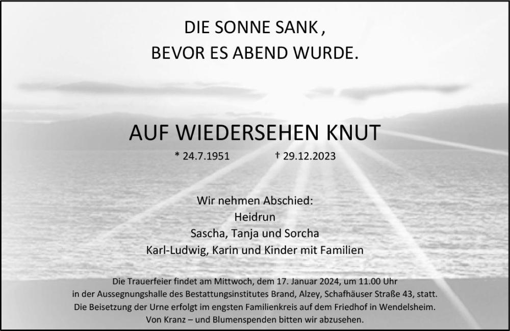  Traueranzeige für Knut Becker vom 06.01.2024 aus Allgemeine Zeitung Alzey