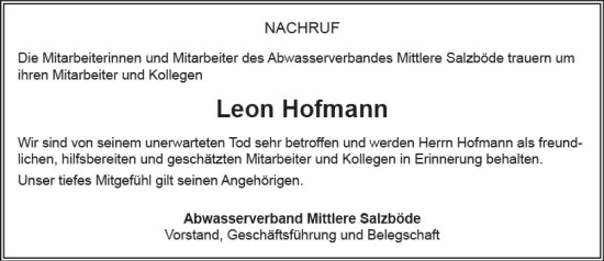 Traueranzeige von Leon Hofmann von Hinterländer Anzeiger